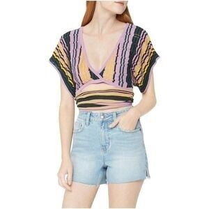 NWT Retro BCBGeneration Striped Knit Wrap Top in Lavender, Black & Mustard Wrap